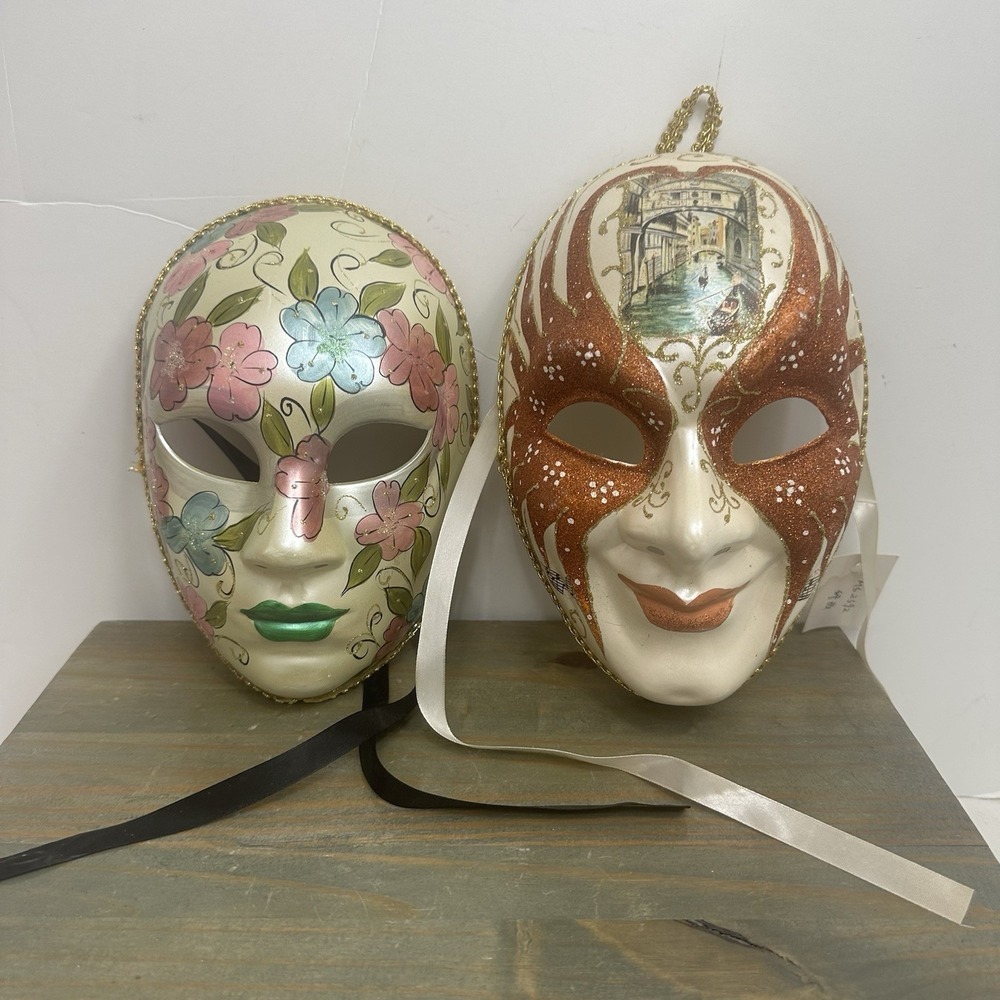 Lot Of 2 Venetian Mardi Gras Mask MASQUERADE CARNIVAL PARTY Floral Hand Painted